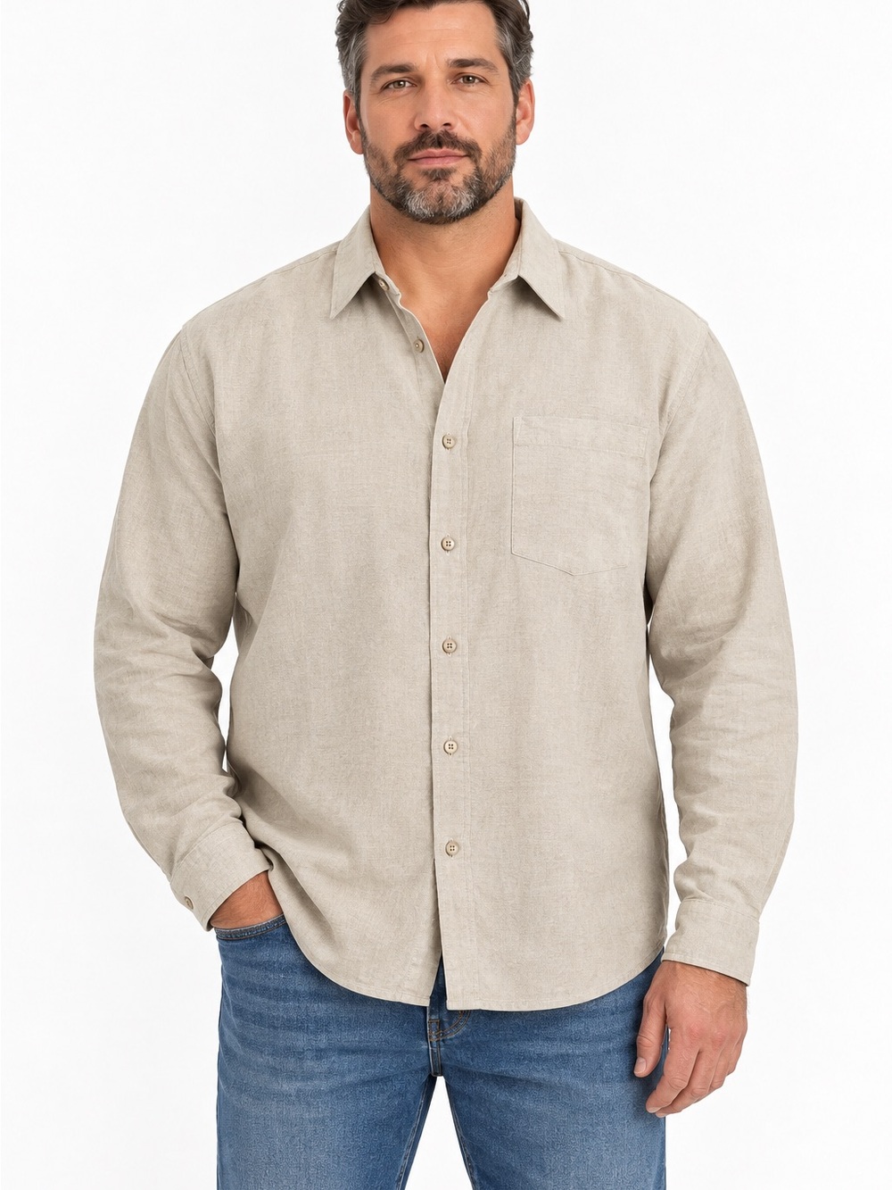 Magaschoni Linen-Blend Woven Shirt Men's Casual Button-Down Shirt in Beige NWT